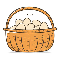 Cute Kawaii Egg Basket Vector Pastel Colored Flat Style Farm Illustration, Hand Drawn Cartoon Basket of Eggs Icon for Fresh Food, Kids Design, Agriculture, Breakfast, and Cute Nature Theme