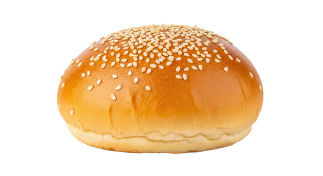Golden brown hamburger bun with sesame seeds, cut out, stock png, isolated on transparent background