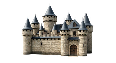Naklejka premium Medieval stone castle with many towers and a wooden gate stands, cut out, stock png, isolated on transparent background