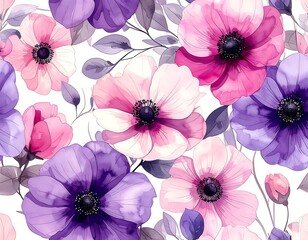 Watercolor-style floral pattern with pink and purple flowers and grey foliage, on a white background