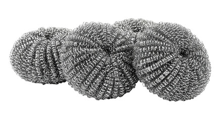 Several metallic kitchen scourers are displayed in a row, cut out, stock png, isolated on transparent background