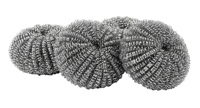 Several metallic kitchen scourers are displayed in a row, cut out, stock png, isolated on transparent background