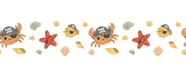 Funny pirate crab and puffer fish seamless border. Cute marine pattern with starfish and sea shells for nursery design © Elena