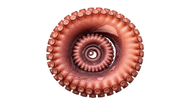 Detailed close up of octopus tentacle with suction cups forming spiral pattern, cut out, stock png, isolated on transparent background