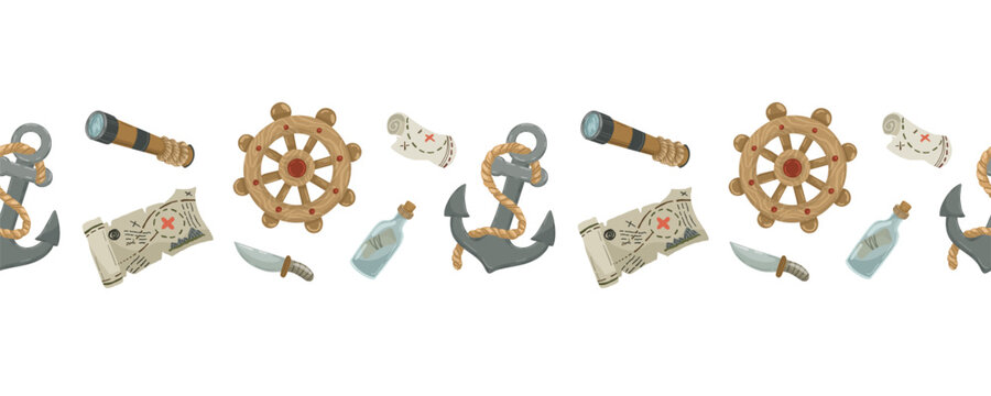 Pirate adventure seamless border with treasure map, anchor, spyglass, ship wheel and bottle with message.