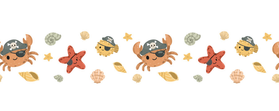 Funny pirate crab and puffer fish seamless border. Cute marine pattern with starfish and sea shells for nursery design