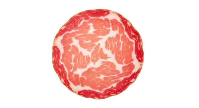 Single slice of premium cured pork meat with marbled fat pattern, cut out, stock png, isolated on transparent background