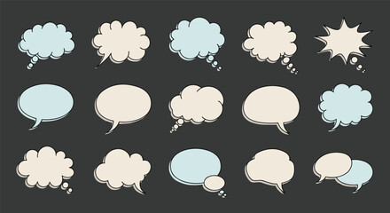 Obraz premium Variety of speech and thought bubbles in different styles and shapes arranged neatly on a dark grey background for storytelling.