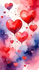 Watercolor-style illustration of heart balloons floating amidst colorful pink, purple, and white splashes