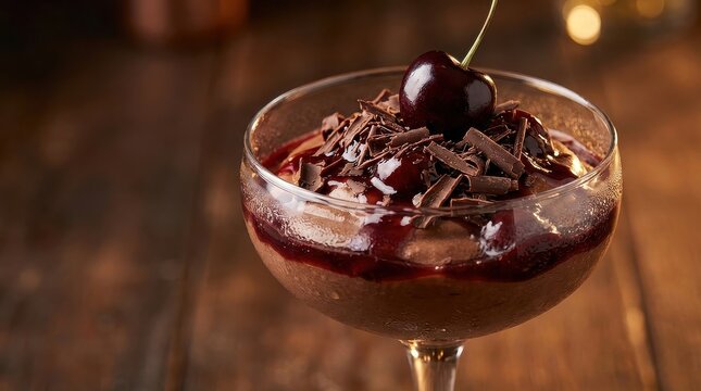Decadent chocolate mousse with cherry and chocolate shavings