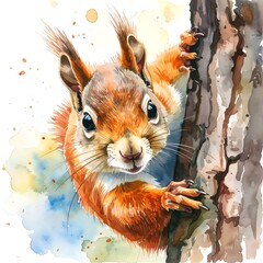 Watercolor style illustration of a red squirrel clinging to a tree trunk, soft edges, warm tones, inviting