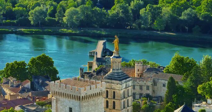 Aerial view of french town of Avignon on Rhone river in Provence with medieval architecture in the south of France. Bridge Avignon and Palace