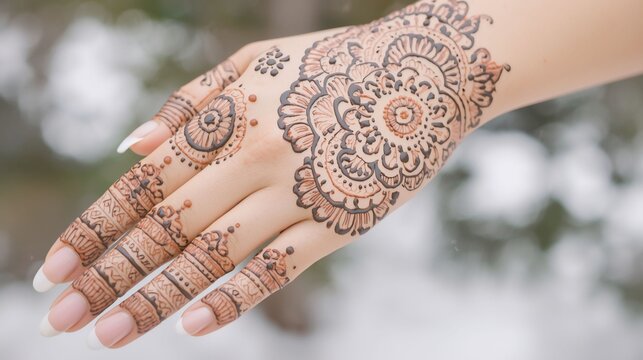 Traditional Mehndi Henna Design on Female Hand for Wedding and Festival