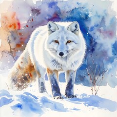 Watercolor-style image of an arctic fox standing in snow, with splashes of blue, orange, and white paint