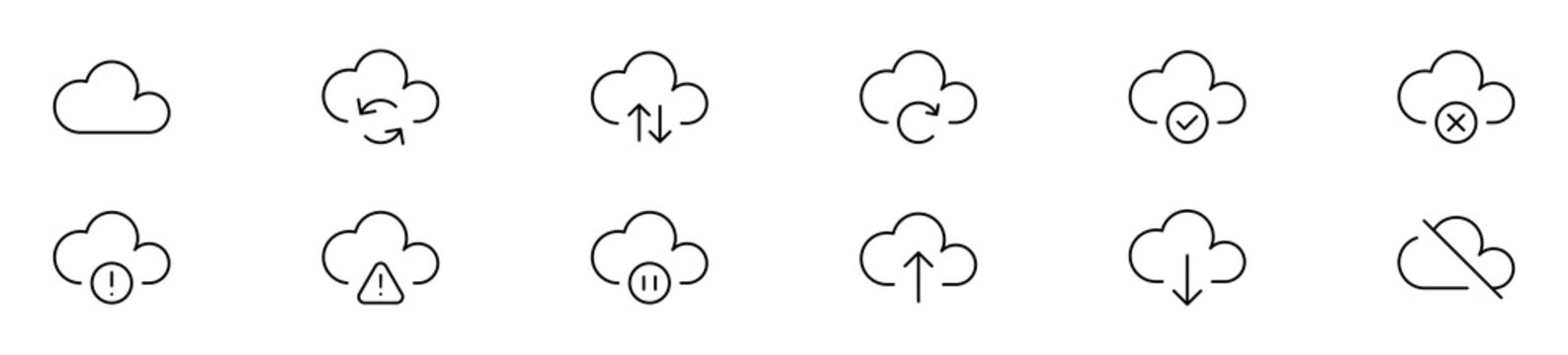Minimal cloud computing line icons set with upload, download, sync, refresh, check, error, security and warning symbols. editable stroke line icon