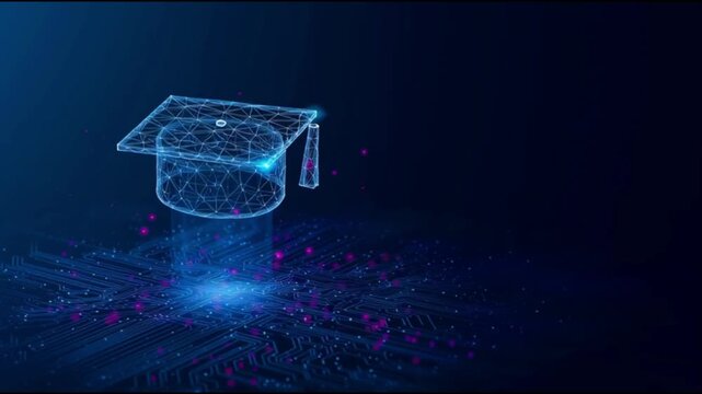 Abstract education hat in low poly on dark blue technology background, copy space. Low poly wireframe vector illustration