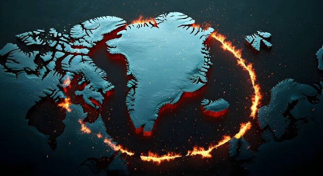 Abstract 3D illustration of Greenland map with icy texture and a glowing ring of fire, symbolizing global warming and climate change.