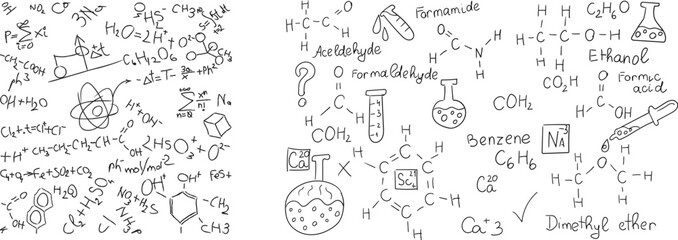 Molecular Realm: A meticulously crafted illustration displays a complex array of chemical formulas, diagrams, and scientific symbols. A visual representation of the intricate world of molecules. 