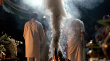 Naklejka premium Smoke Rising During Last Rites, Hindu funeral pyre ceremony with smoke rising steadily as priests conduct last rite