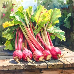 Watercolor style illustration of freshly harvested rhubarb on a wooden table, with a green, leafy background