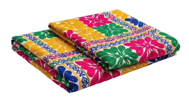 Vibrant Phulkari embroidered fabric, folded, with colorful floral and geometric patterns, isolated PNG with Transparent Background