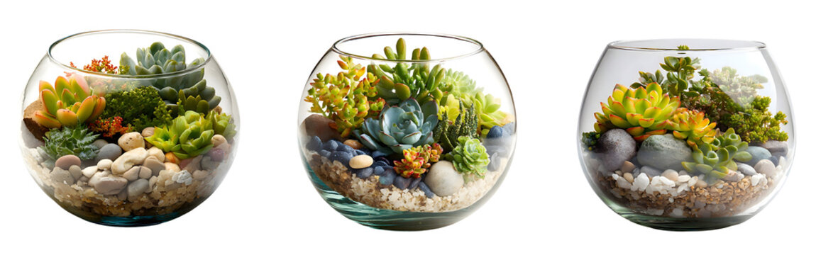 Three mini glass terrariums with succulents and pebbles isolated on a white or transparent background