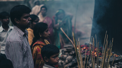 Family Remaining After the Ritual Prompt (scene): Stock style, hyper realistic, high quality photo, family members remaining quietly near the Hindu funeral pyre after most rituals