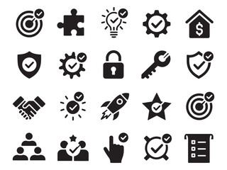 Collection of 20 glyph style icons representing success strategy goals and teamwork elements