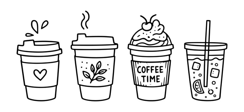 Charming hand-drawn collection of diverse drink cups, featuring coffee, tea, and cold beverages