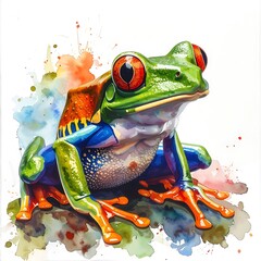 Watercolor style image of a red-eyed tree frog sitting on a mottled, colorful base against a white background