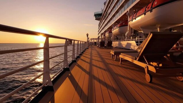 Sunset Tracking Shot Along Luxury Cruise Ship Deck Over Calm Ocean 4k Video