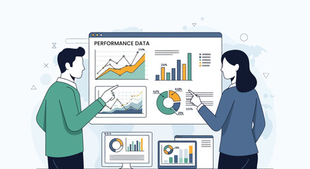 Two business professionals analyzing data charts and graphs on a large screen