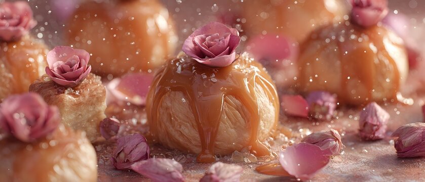 Caramel drizzle cascade down delicate rose petal jammer served atop delicate rose tinted pastry made Turkish delight flavored hint of rose water old antique Paris shop clean professional stock photo