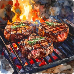 Watercolor style image of three grilled steaks with rosemary, over blazing hot coals and a grill surface