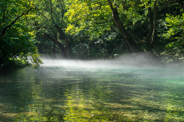 Naklejka premium Voidomatis River, Greece – Crystal Clear Waters in the Heart of Vikos‑Aoös National Park