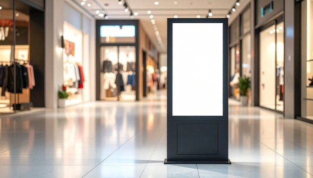 Blank Digital Advertising Kiosk in Modern Shopping Mall Interior
