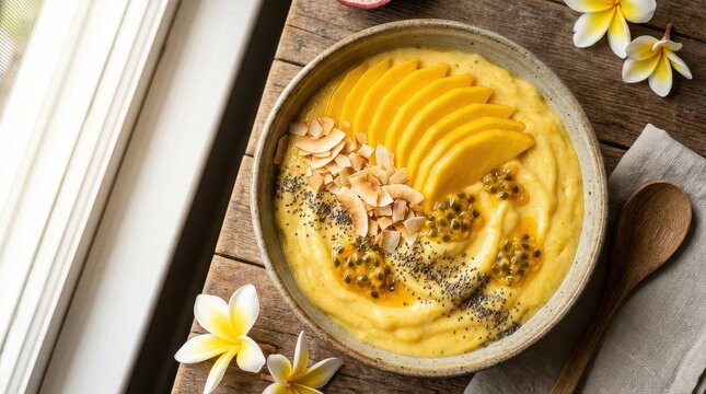 Healthy mango smoothie bowl with tropical toppings