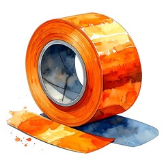 Watercolor-style orange tape roll and a segment of tape, casting a pale blue shadow on a white surface
