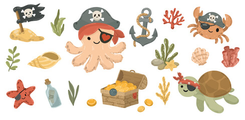 Obraz premium Adventure-themed clipart with a treasure chest full of gold, pirate flag ship wheel, anchor with rope, and ancient maps. High-quality vector icons for game design, posters, and educational materials
