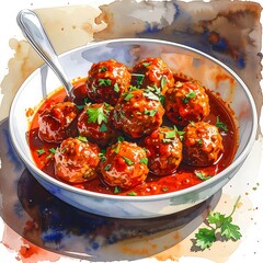 Watercolor style meatballs in a bowl with sauce and parsley, with a spoon, warm hues