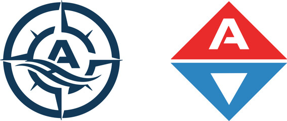 Letter A logo designs set with compass emblem and geometric badge shapes modern branding vector illustration symbols © MstBabli