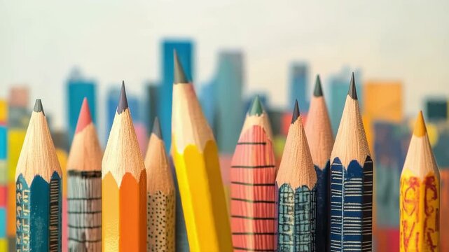 Vibrant pencils aligned before a blurred cityscape in dynamic sequence
