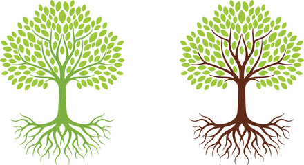 Fototapeta premium Green tree illustrations with visible roots and leafy canopy isolated nature growth ecology concept vector design set