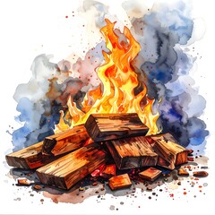 Watercolor-style painting of wood burning with orange flames and billowing gray smoke, on a white background