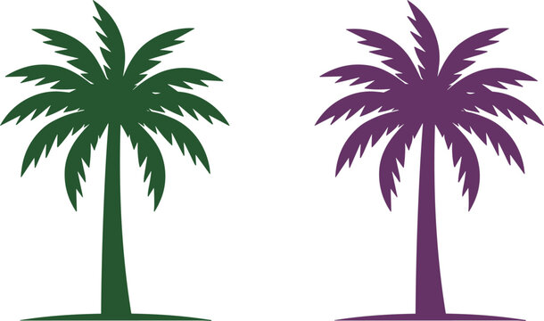 Palm tree silhouettes in green and purple colors isolated tropical summer nature vector illustration design set