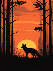 Wolf silhouette at sunset in forest