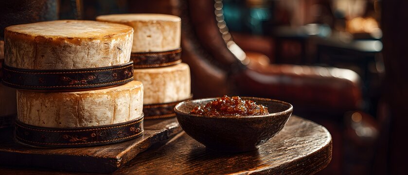 Dense wedge of aged cheddar wheel wrapped hand stitched leather belt hang above antique wooden table Oxford tavern topped bowl of rich Devonshire cider chutney clean professional stock photo sharp