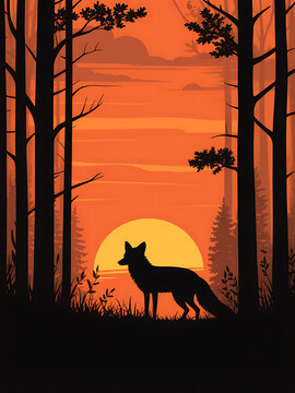 Wolf silhouette at sunset in forest