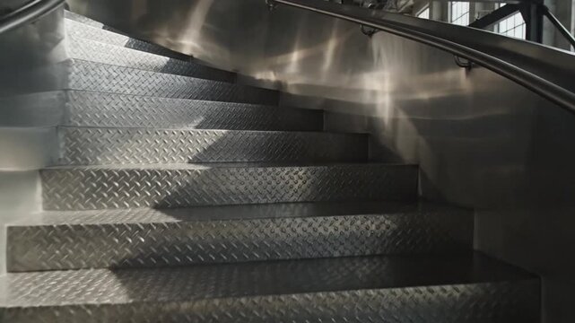 Industrial steel spiral staircase featuring textured diamond plate steps descending in a cinematic architectural view of modern metallic geometry and construction design.