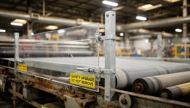 Midrange shot of retrofitted safety guard clamped over conveyor belt part blurred industrial interior emphasizing recent safety improvements.